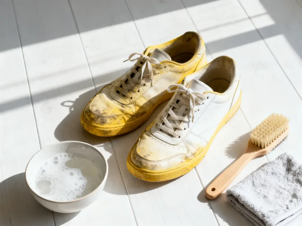 Zestaw do czyszczenia obuwia obok zżółkniętych białych sneakersów na drewnianym blacie, gotowy do renowacji.