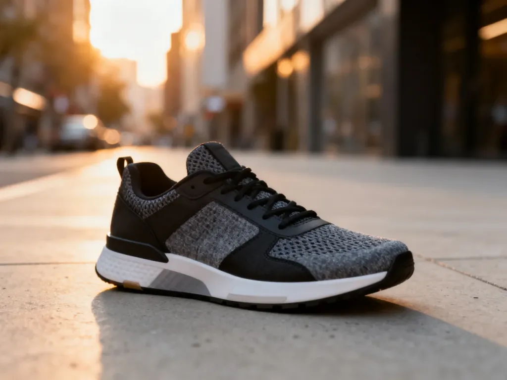 Stylowe sneakersy na betonowym podłożu w świetle zachodzącego słońca, podkreślające ich nowoczesny design.