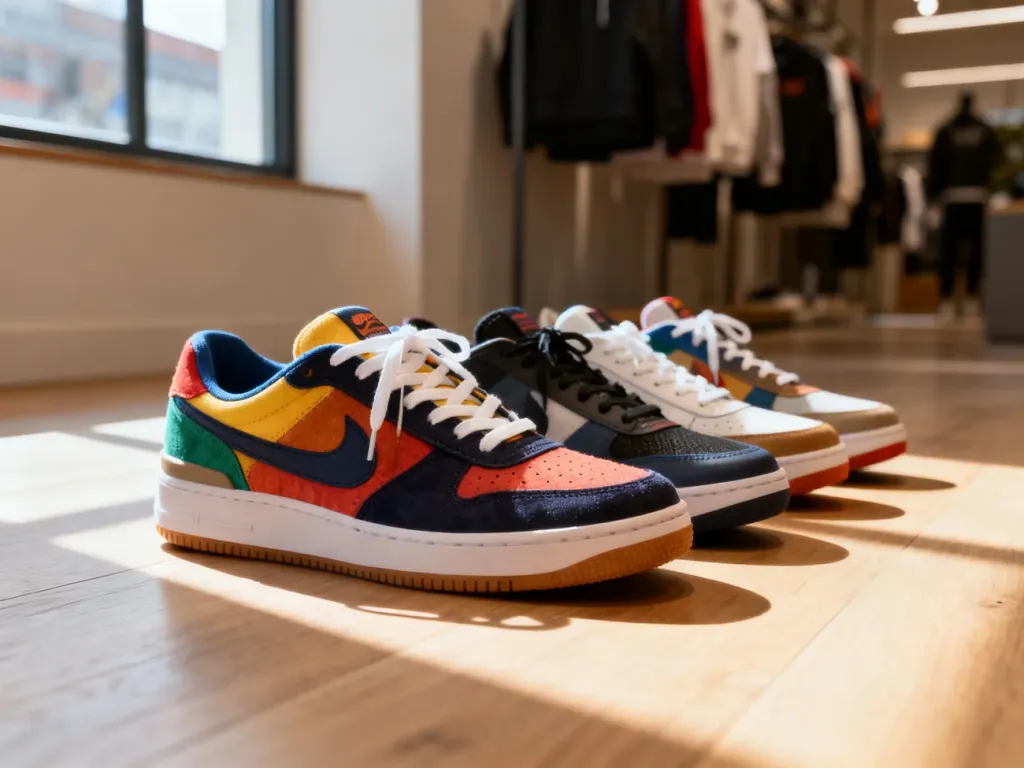 Kolorowe sneakersy ustawione na drewnianej podłodze w słonecznym świetle sklepu z odzieżą streetwearową.