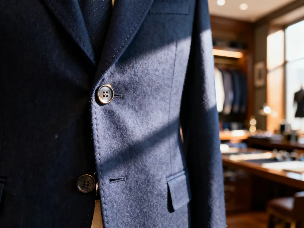 Zapięta górna i rozpięta dolna część granatowej marynarki, prezentująca zasady klasycznej męskiej elegancji.