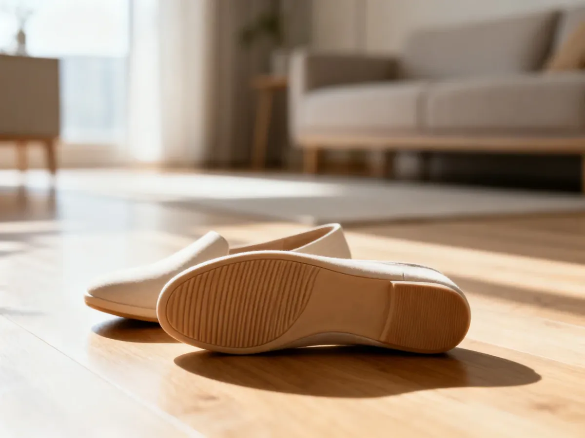 Minimalistyczne buty z elastyczną podeszwą na drewnianej podłodze w jasnym, nowoczesnym salonie.