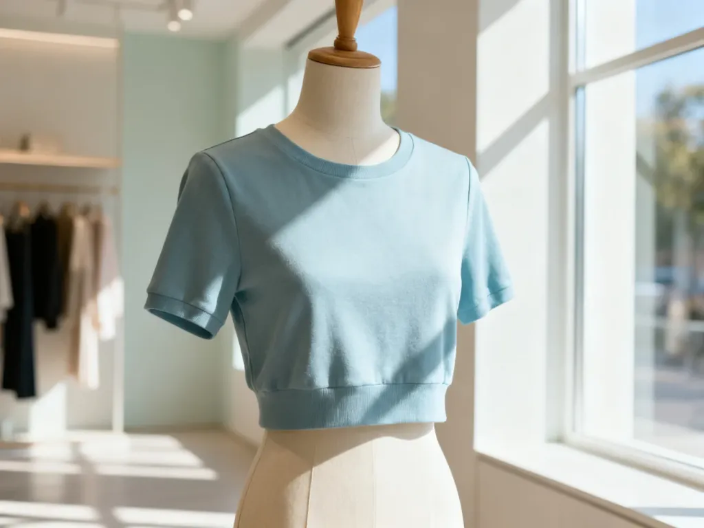 Modny krótki top typu crop top wyeksponowany na manekinie w jasnym, nowoczesnym butiku.