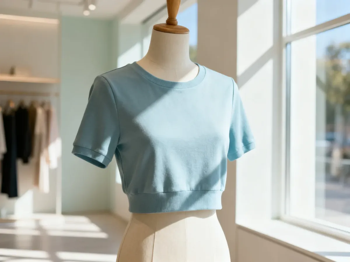 Modny krótki top typu crop top wyeksponowany na manekinie w jasnym, nowoczesnym butiku.