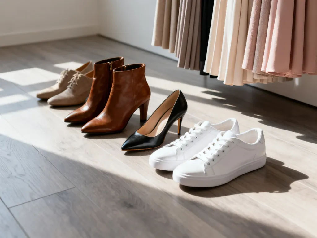Różnorodne modele damskiego obuwia, od szpilek po sneakersy, zestawione ze spódnicami midi na drewnianym podłożu.