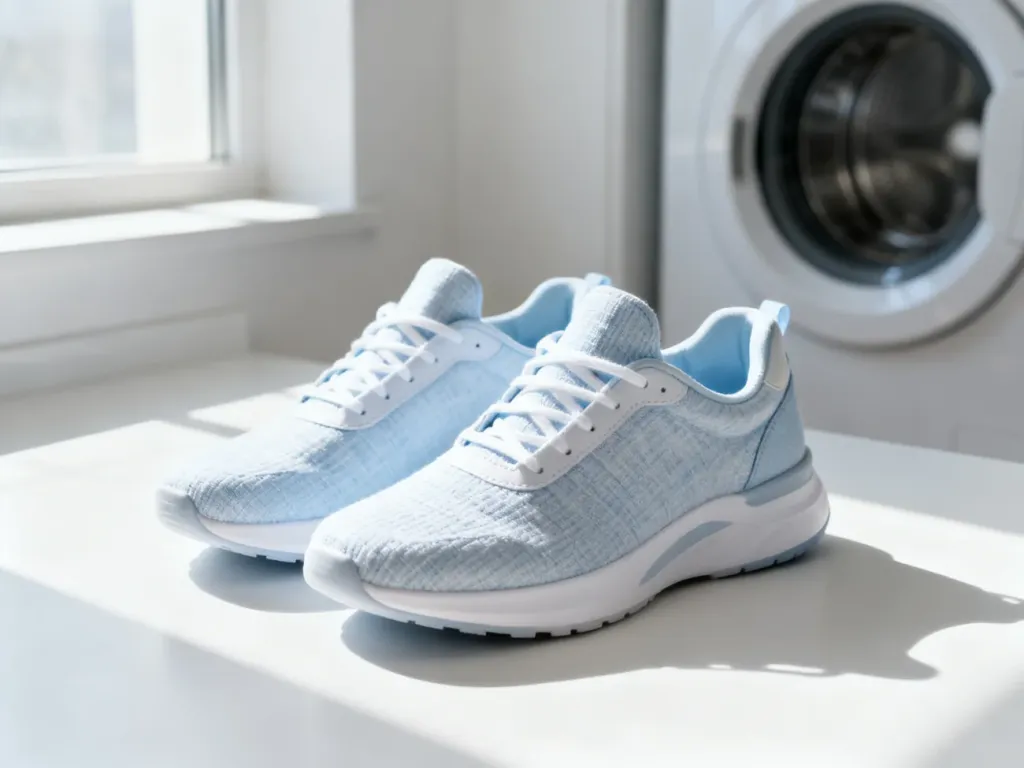Czyste, materiałowe sneakersy stojące na blacie w pralni obok pralki, gotowe do założenia po praniu.