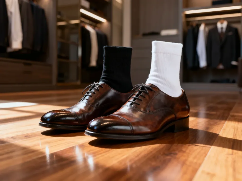 Eleganckie męskie buty zestawione z czarną i białą skarpetką, obrazujące dylemat wyboru odpowiedniego dodatku do garnituru.