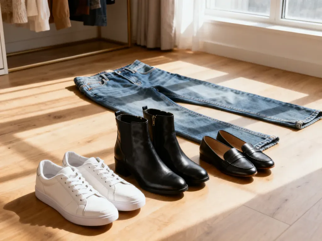 Mom jeans ułożone na podłodze w otoczeniu białych sneakersów, botków i mokasynów, prezentujące propozycje obuwia do stylizacji.