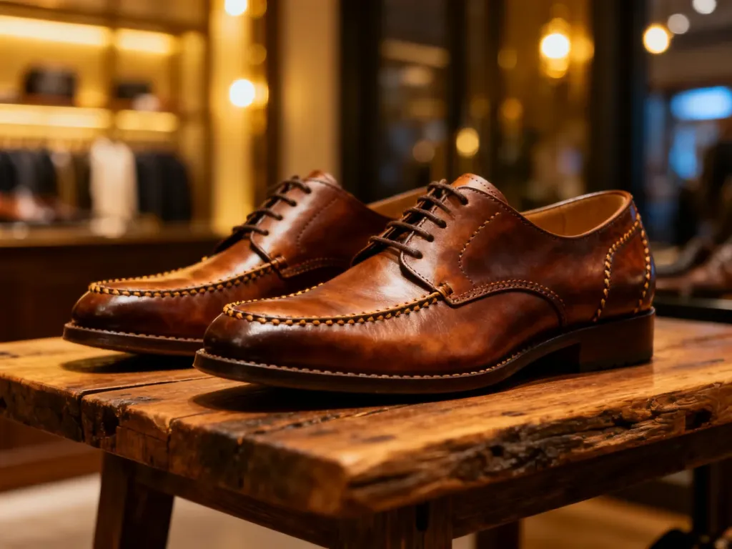 Eleganckie skórzane buty marki Apia wyeksponowane na drewnianym stole w luksusowym wnętrzu butiku.