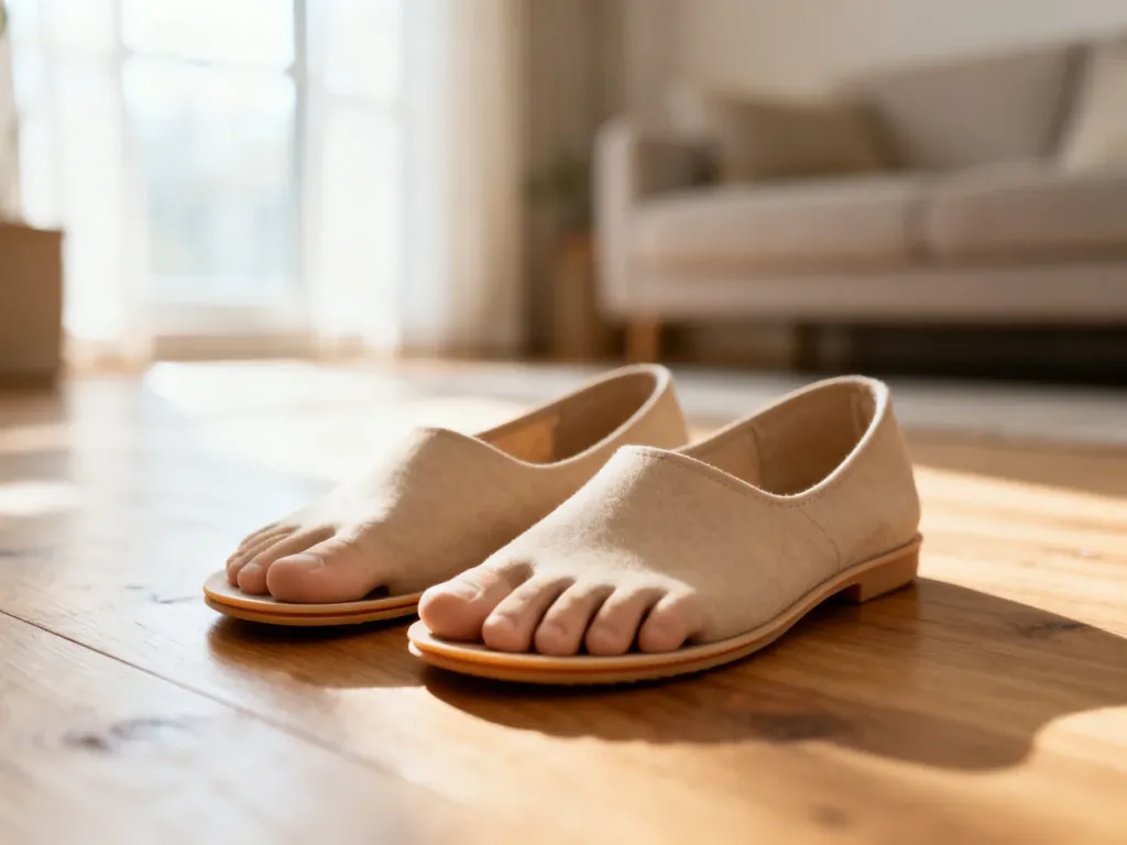 Damskie buty barefoot z szerokim noskiem i cienką podeszwą na drewnianej podłodze, podkreślające ich ergonomiczny kształt.