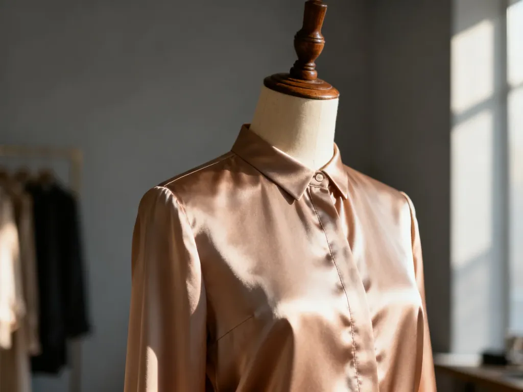 Elegancka jedwabna bluzka na manekinie krawieckim, prezentująca fason i jakość materiału.