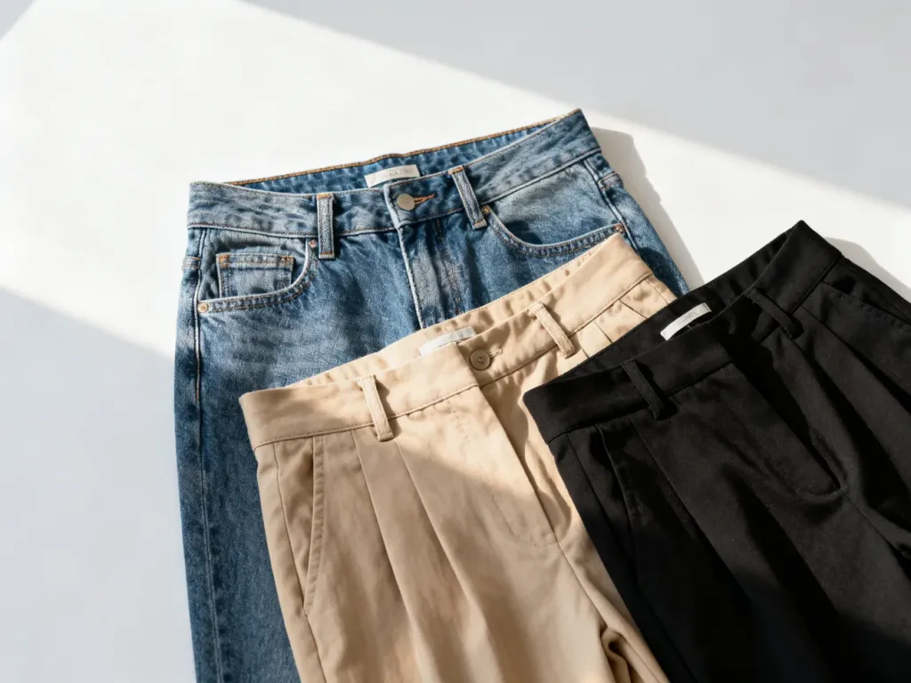 Zestawienie modnych damskich spodni, w tym jeansów, chinosów i eleganckich modeli, ułożonych na białym tle.