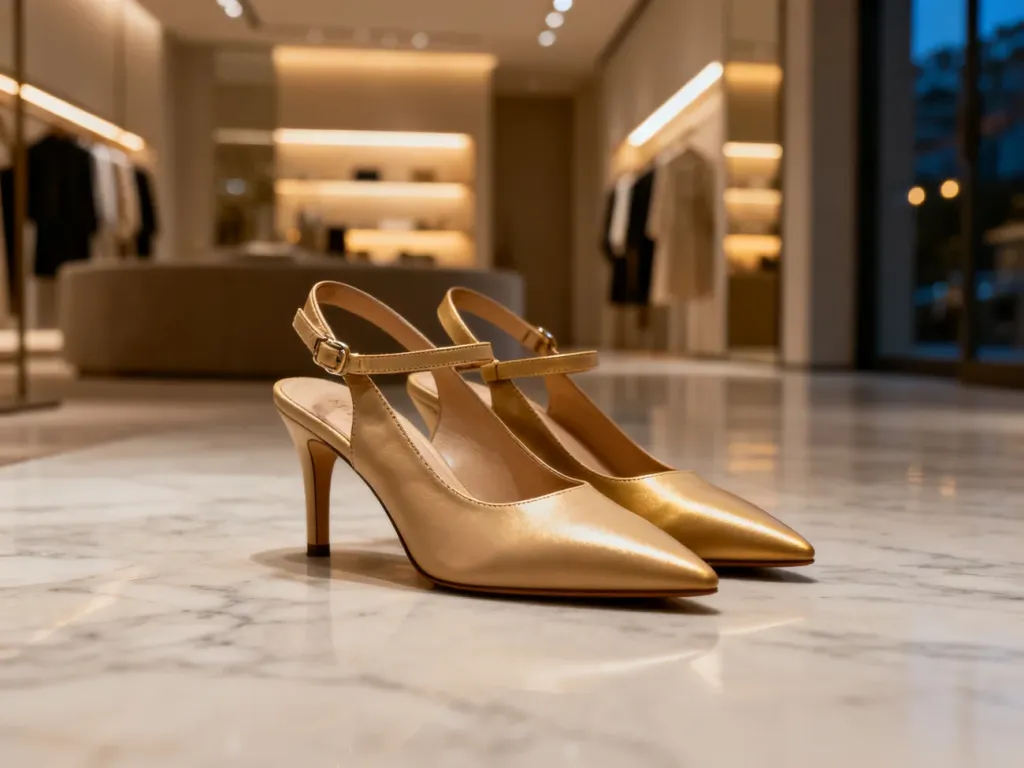 Eleganckie skórzane buty typu slingback z odkrytą piętą na marmurowej podłodze w nowoczesnym butiku.