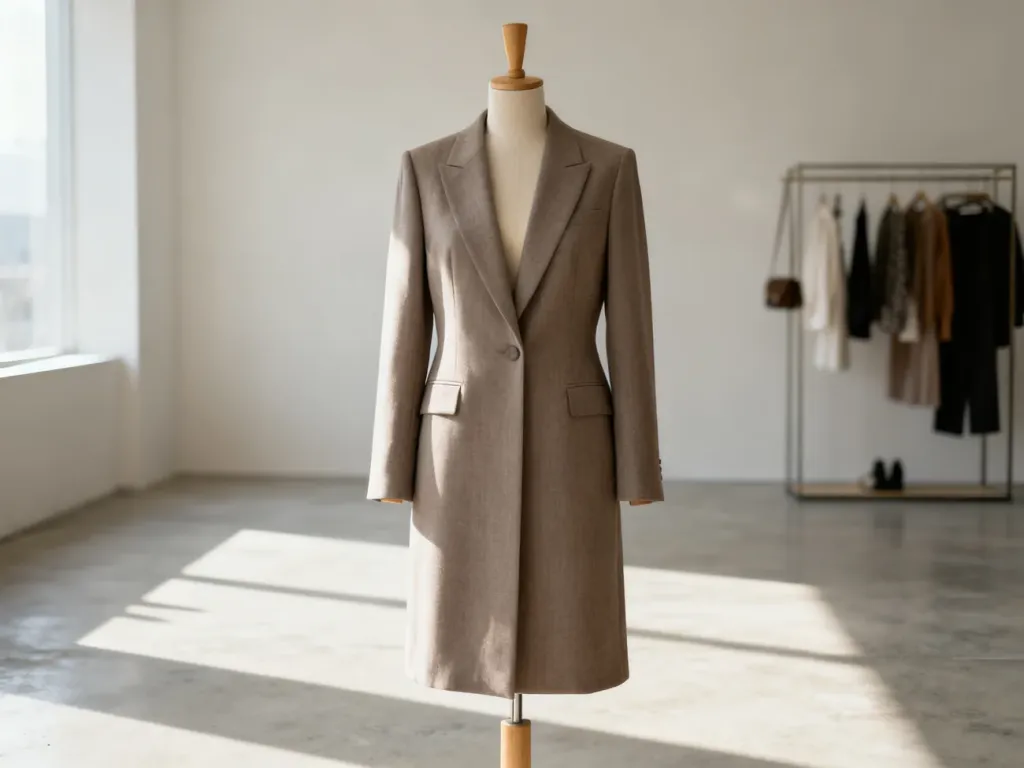 Elegancka, beżowa długa marynarka na minimalistycznym manekinie w jasnym, nowoczesnym studiu.