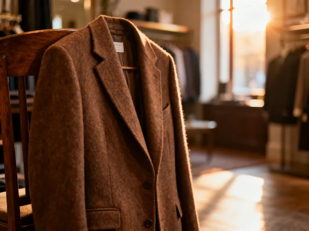 Brązowa wełniana marynarka przewieszona przez drewniane krzesło w eleganckim butiku.