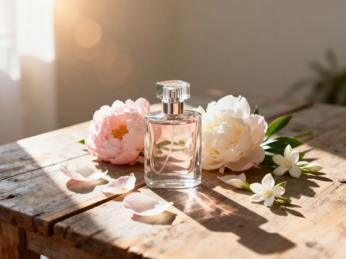 Elegancki flakon perfum na drewnianym stole w otoczeniu płatków kwiatów, podkreślający subtelny i kobiecy charakter zapachu.