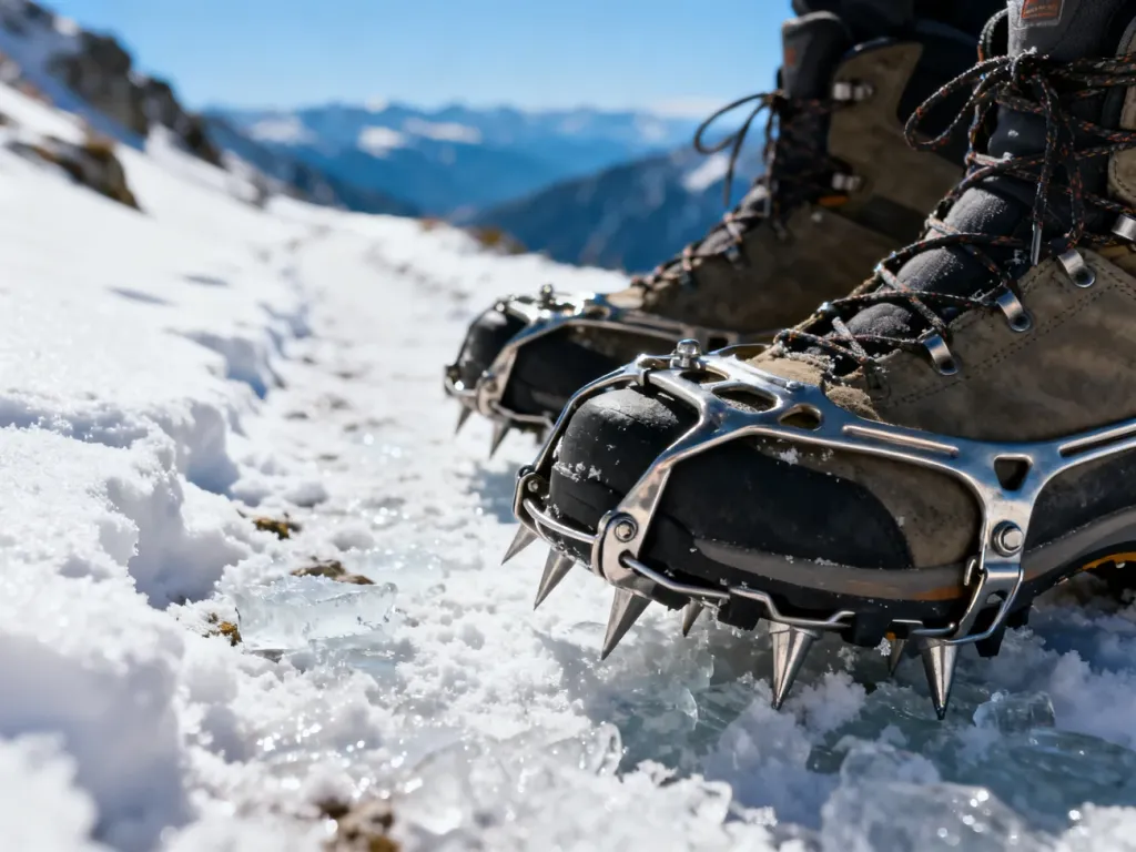 Profesjonalne raczki metalowe założone na buty trekkingowe, wbite w zaśnieżony górski szlak.