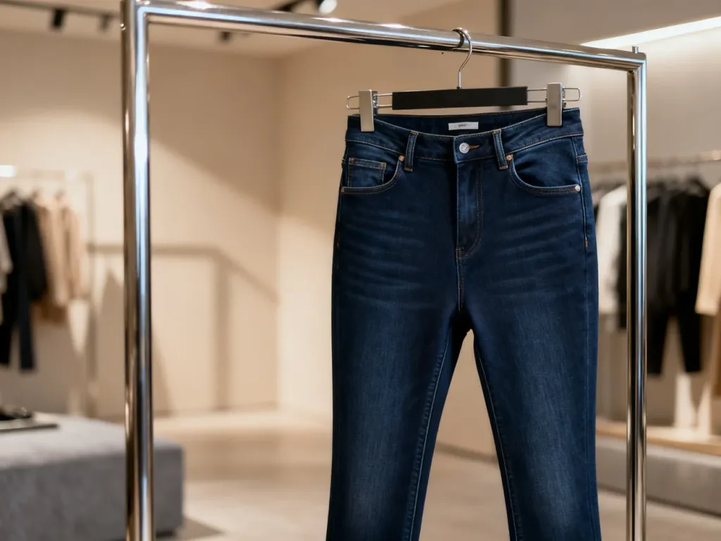 Ciemnoniebieskie jeansy typu skinny wyeksponowane na metalowym wieszaku w minimalistycznym butiku.