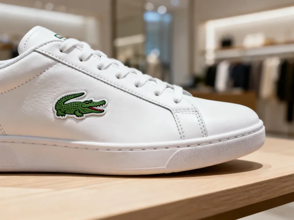 Biały skórzany but marki Lacoste z wyraźnym zielonym logo krokodyla na boku, prezentujący wysoką jakość wykonania.
