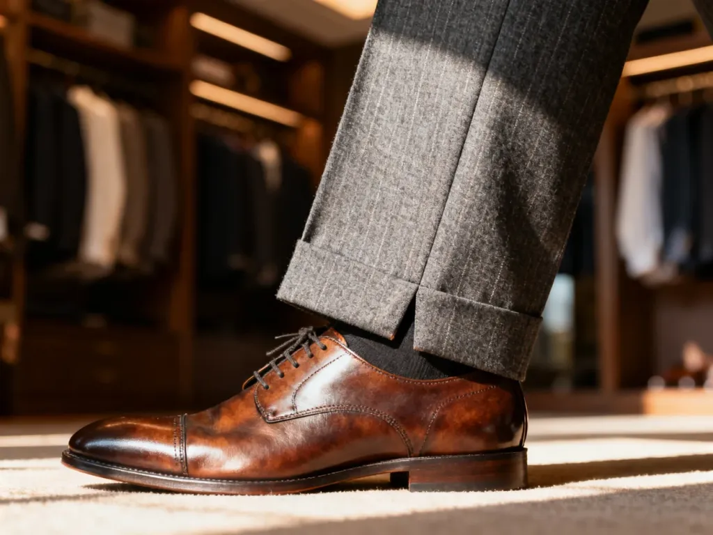 Zbliżenie na idealnie skrojone nogawki spodni garniturowych stykające się z eleganckim obuwiem typu oxford.